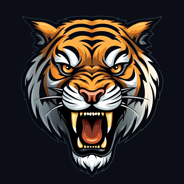 El icono de la cabeza del tigre rugiente, la pegatina, la ilustración del clipart y el concepto del logotipo de la mascota de los deportes electrónicos