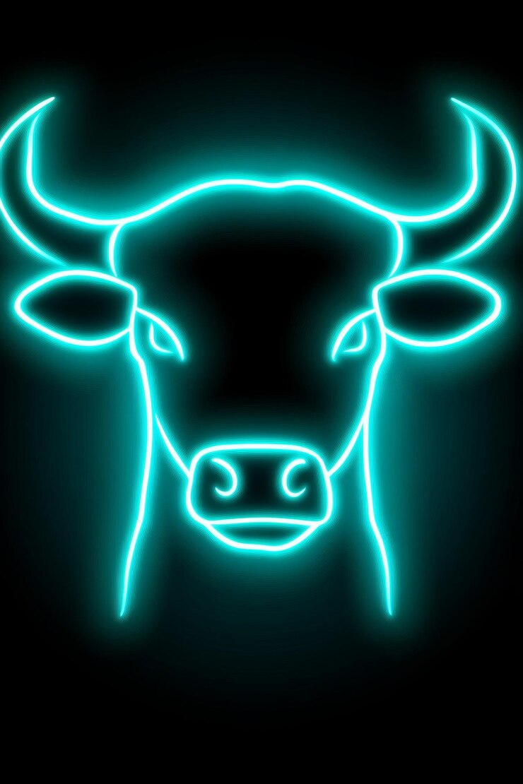 Foto icono de cabeza de toro azul de neón silueta brillante vibrante de una cabeza de toro en un fondo negro