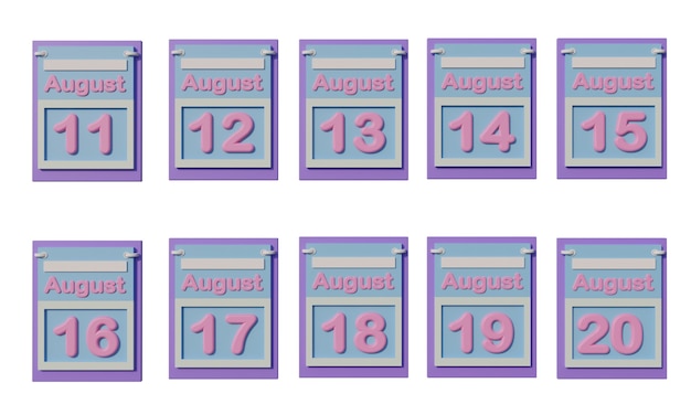 Icono de calendario 3d en agosto con fecha del 1 al 10