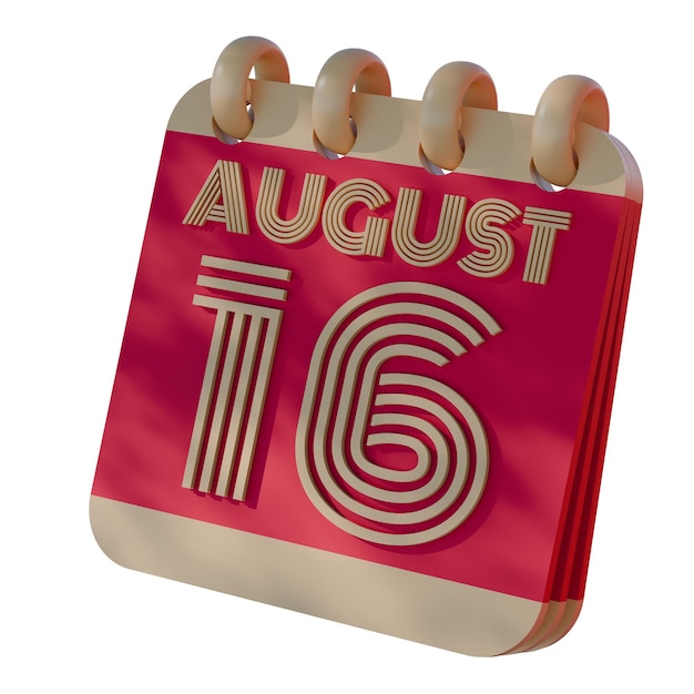 Icono de calendario 3D que muestra el 16 de agosto con diseño retro