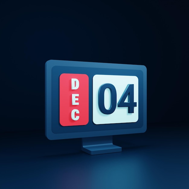 Icono de calendario de diciembre Ilustración 3D con monitor de escritorio Fecha 04 de diciembre