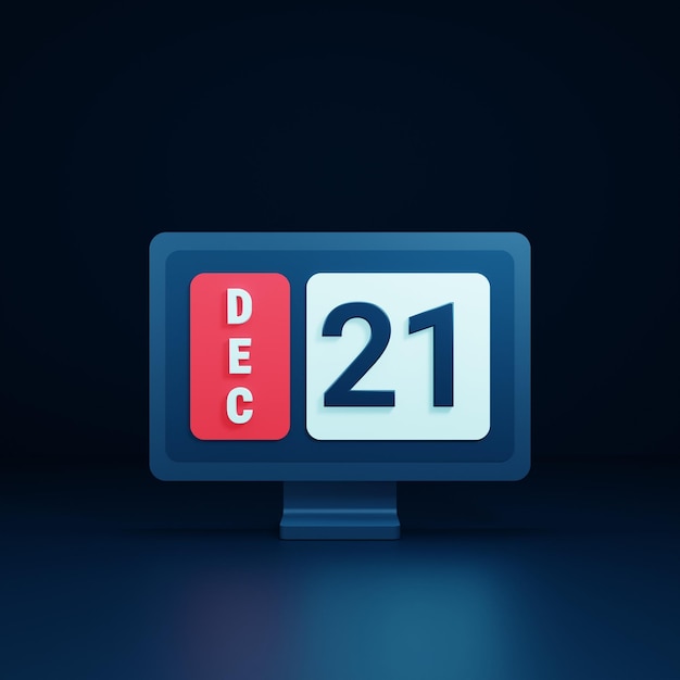 Icono de calendario de diciembre Ilustración 3D con monitor de escritorio Fecha 21 de diciembre