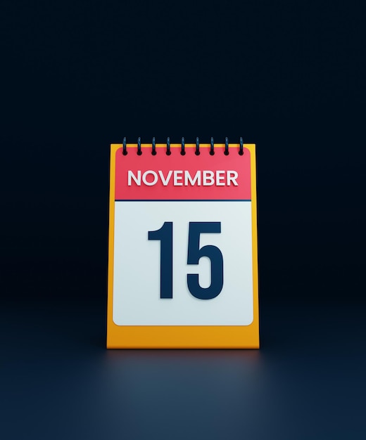 Icono de calendario de escritorio realista de noviembre Ilustración 3D Fecha 15 de noviembre