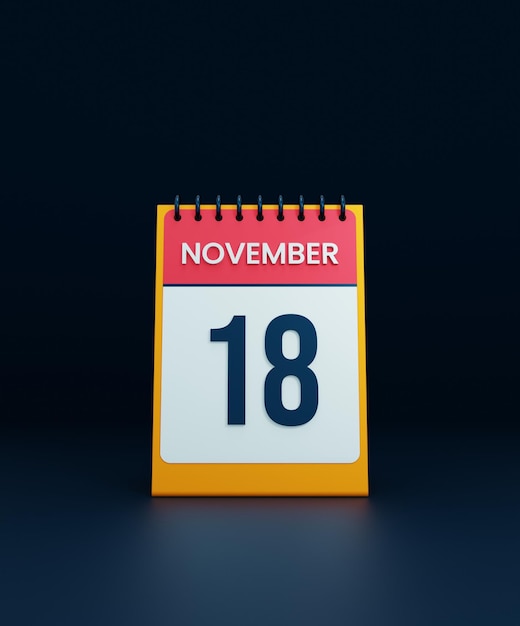 Icono de calendario de escritorio realista de noviembre Ilustración 3D Fecha 18 de noviembre