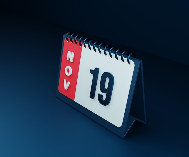 Icono de calendario de escritorio realista de noviembre Ilustración 3D Fecha 19 de noviembre