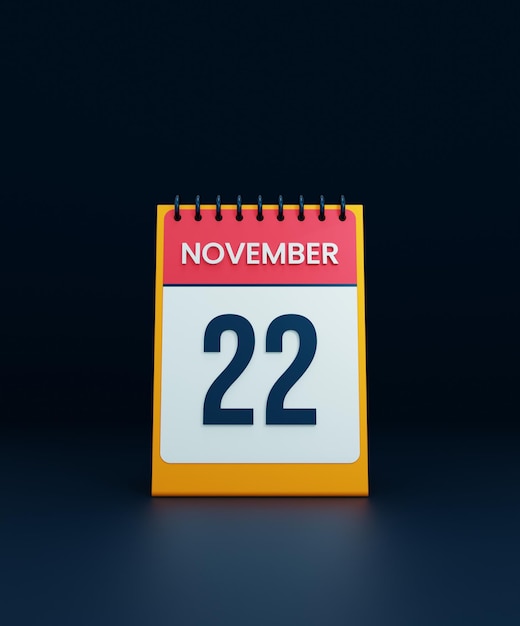 Icono de calendario de escritorio realista de noviembre Ilustración 3D Fecha 22 de noviembre