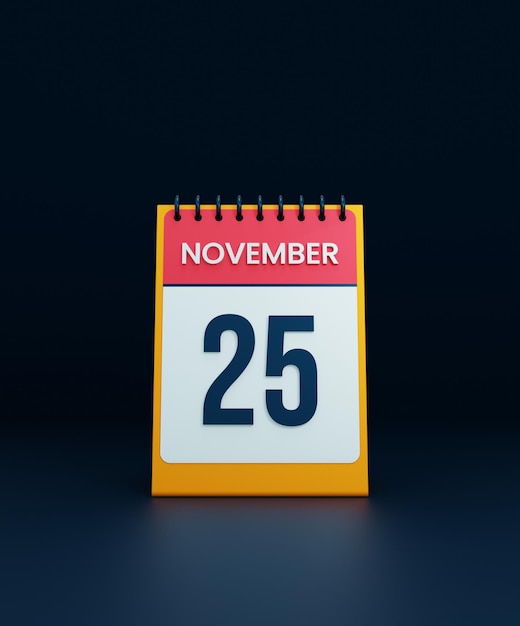 Icono de calendario de escritorio realista de noviembre Ilustración 3D Fecha 25 de noviembre