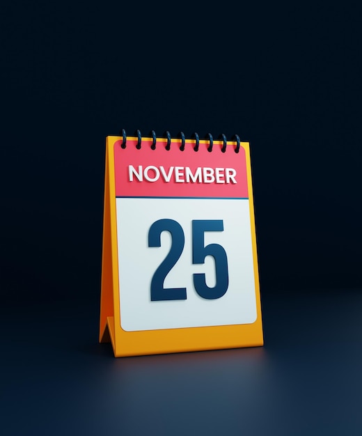 Icono de calendario de escritorio realista de noviembre Ilustración 3D Fecha 25 de noviembre