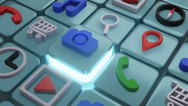 Icono de cámara en forma cuadrada, render 3d