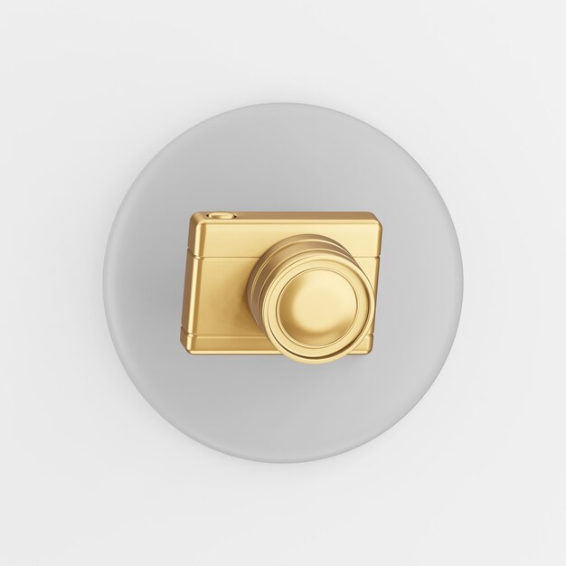 Icono de cámara de fotos digital de oro. Botón de tecla redonda gris de renderizado 3D, elemento de interfaz ui ux de interfaz.