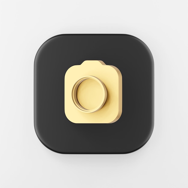 Icono de cámara de fotos de oro. Representación 3D tecla de botón cuadrado negro, elemento de interfaz ui ux.