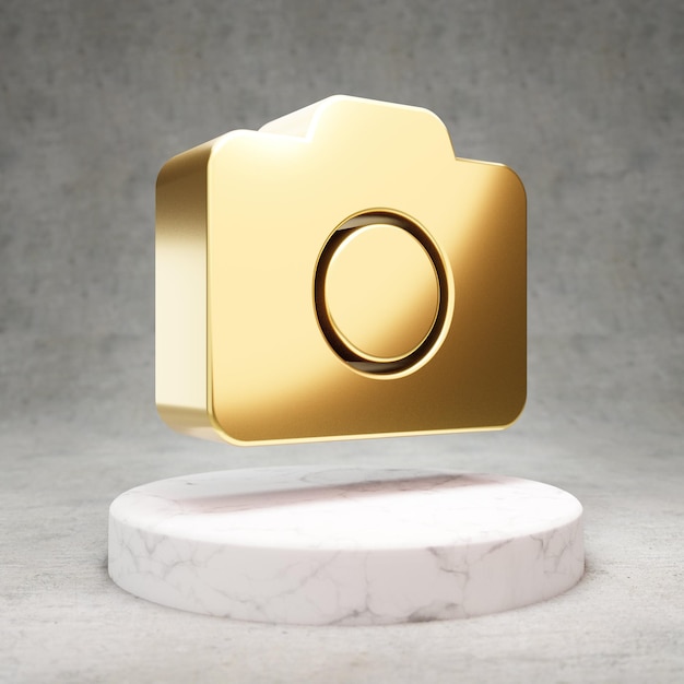Icono de cámara de fotos. Símbolo de la cámara fotográfica de oro brillante en el podio de mármol blanco. Icono moderno de sitio web, redes sociales, presentación, elemento de plantilla de diseño. Render 3D.