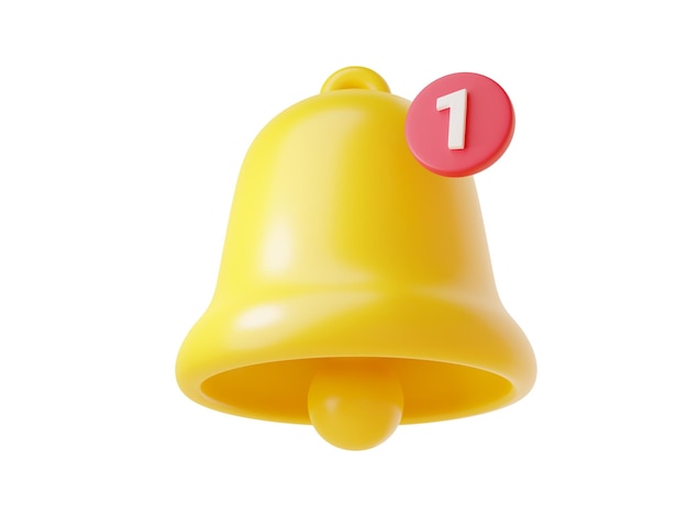 Icono de campana de notificación 3d render ilustración de dibujos animados lindo de campana amarilla simple con número uno