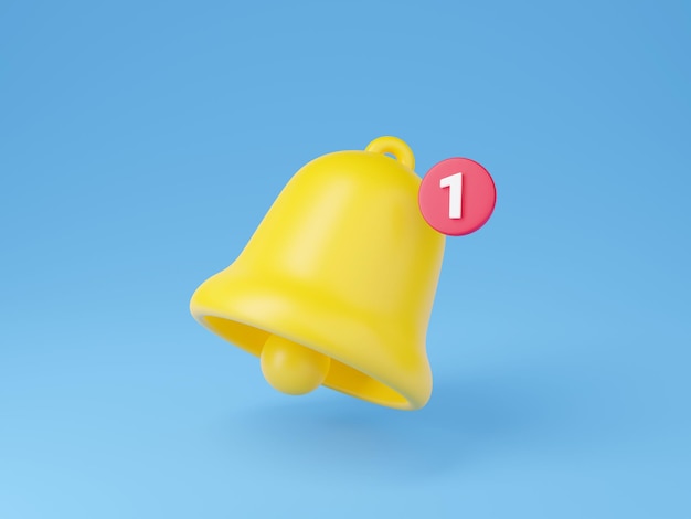 Icono de campana de notificación 3d render ilustración de dibujos animados lindo de campana amarilla simple con número uno