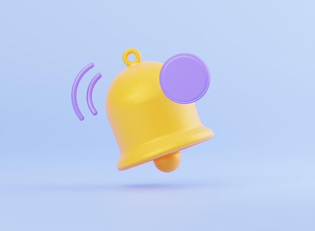 Icono de campana de notificación mínima sobre fondo azul pastel. Representación 3d realista.