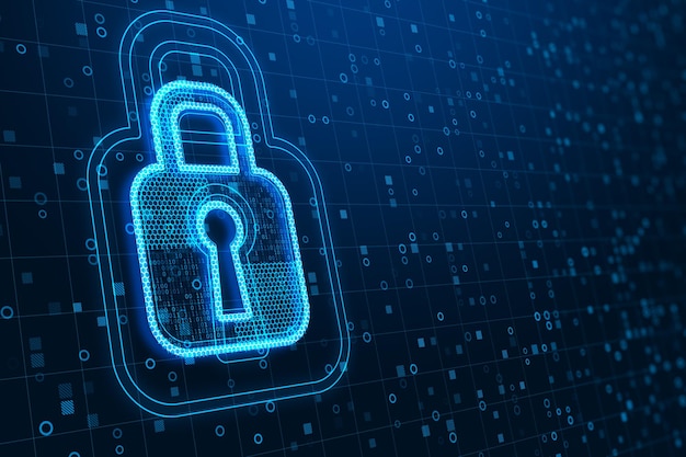 Icono de candado brillante abstracto sobre fondo de código binario oscuro con lugar de maqueta Protección digital y concepto de seguridad Representación 3D