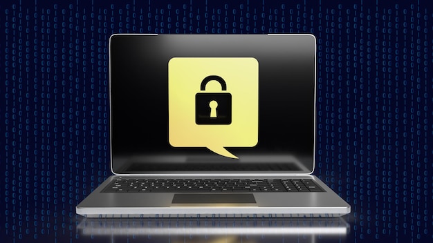 El icono de candado dorado en el portátil para la representación 3d de ciberseguridad