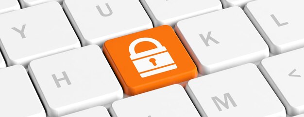 Icono de candado de seguridad informática en una ilustración 3d de banner de teclado de computadora