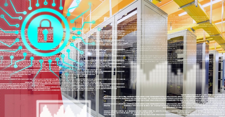 Foto icono de candado de seguridad y procesamiento de datos a través de la sala de servidores contra el fondo rojo de la tecnología