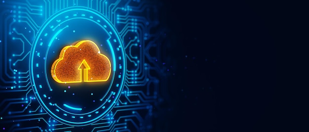 Icono de carga de nubes brillantes en el fondo del circuito digital Renderización 3D