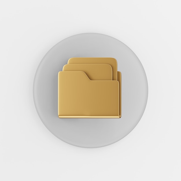 Icono de carpeta de oro con documentos en estilo plano. Representación 3D tecla de botón redondo gris, elemento de interfaz ui ux.