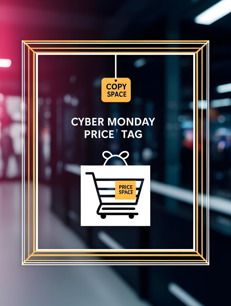 Foto icono de carrito de compras flotante plano y etiqueta de precio de cyber monday marco de borde para promociones con copy sp