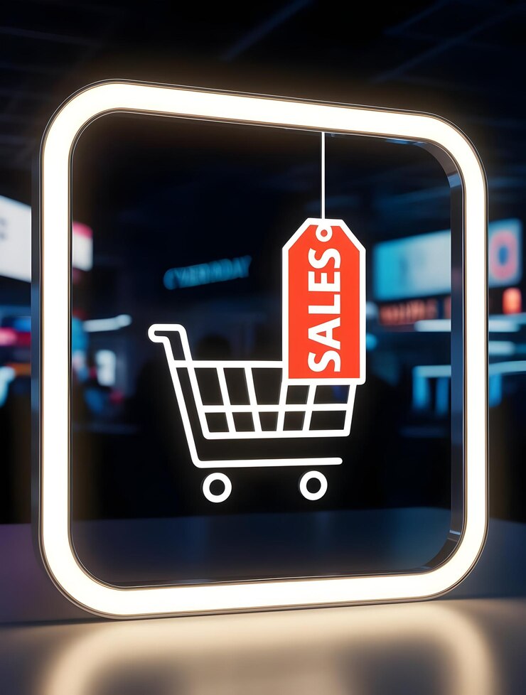 Foto icono de carrito de compras flotante plano con marco de etiqueta de venta brillante para las promociones del lunes cibernético