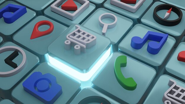 Icono de carrito de compras en forma cuadrada, render 3d