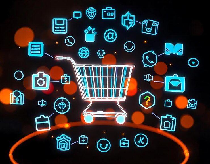 Foto en un icono de carrito de compras holográfico rodeado y fondo blanco con luces azules brillantes