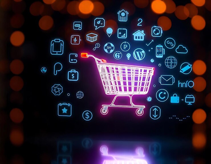 Foto en un icono de carrito de compras holográfico rodeado y fondo blanco con luces azules brillantes