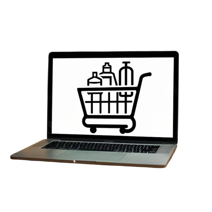 Foto icono de carrito de compras lleno de productos en una pantalla de portátil sobre un fondo blanco