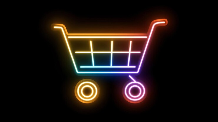 Foto icono de carrito de compras de neón brillante en fondo negro que representa el comercio en línea