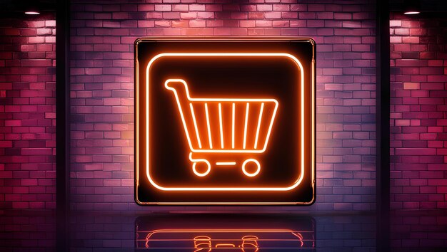 Icono de carrito de compras de neón en una pared de ladrillo Concepto de comercio electrónico en una estética cyberpunk