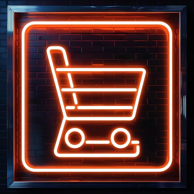 Icono de carrito de compras de neón en una pared de ladrillo Concepto de comercio electrónico en una estética cyberpunk