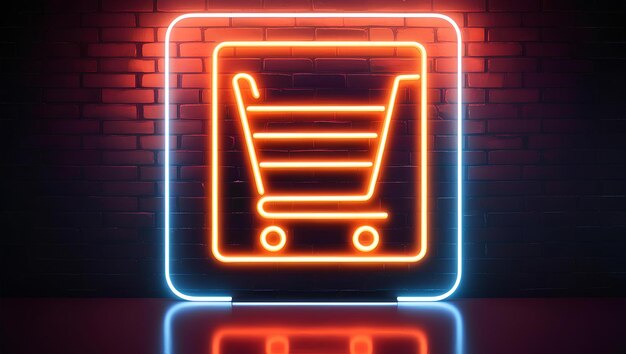 Icono de carrito de compras de neón en una pared de ladrillo Concepto de comercio electrónico en una estética cyberpunk