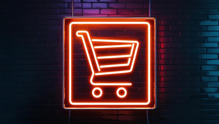 Foto icono de carrito de compras de neón en una pared de ladrillo concepto de comercio electrónico en una estética cyberpunk