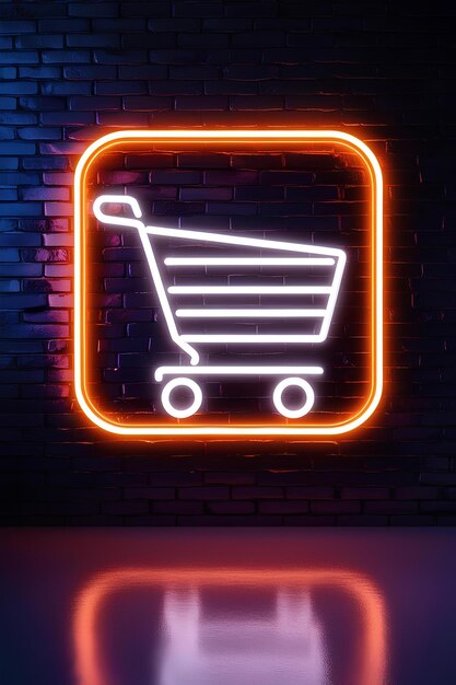 Icono de carrito de compras de neón en una pared de ladrillo Concepto de comercio electrónico en una estética cyberpunk