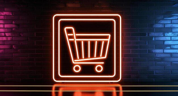 Icono de carrito de compras de neón en una pared de ladrillo Concepto de comercio electrónico en una estética cyberpunk
