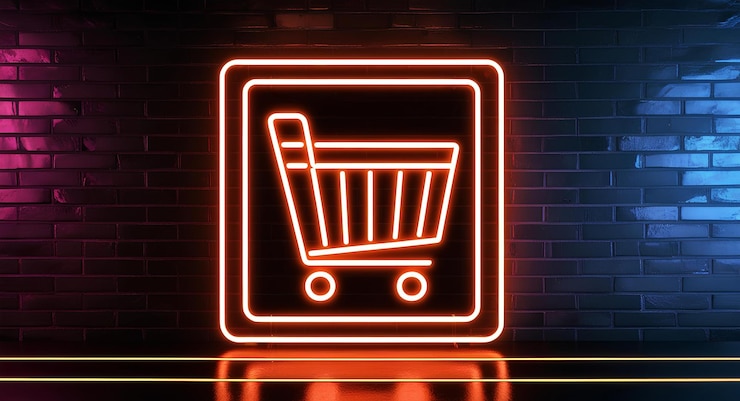 Foto icono de carrito de compras de neón en una pared de ladrillo concepto de comercio electrónico en una estética cyberpunk