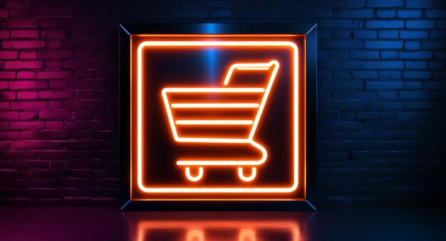 Icono de carrito de compras de neón en una pared de ladrillo Concepto de comercio electrónico en una estética cyberpunk