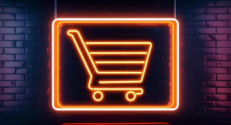 Foto icono de carrito de compras de neón en una pared de ladrillo concepto de comercio electrónico en una estética cyberpunk