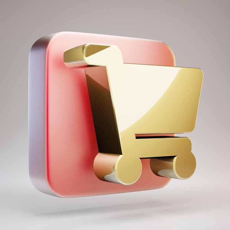 Foto icono de carrito de compras. símbolo de carro de compras dorado en placa de oro rojo mate. 3d prestados icono de redes sociales.