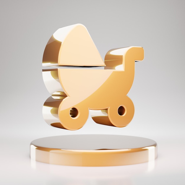 Icono de carro de bebé. Símbolo de carro de bebé de oro amarillo en el podio de oro. 3D prestados icono de redes sociales.