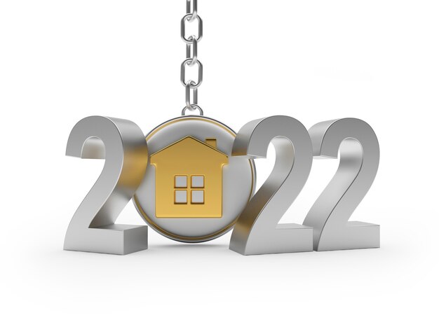 Icono de la casa en un llavero plateado con el número de año nuevo