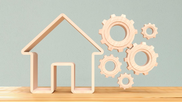 El icono de la casa de madera y el engranaje para la representación 3d del concepto de bienes raíces