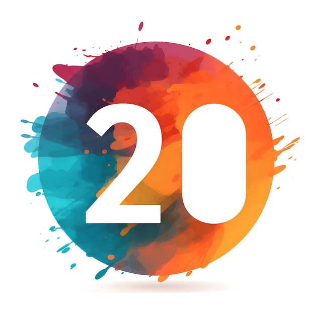 Foto icono de celebración de aniversario de 20 años en la ilustración de fondo de salpicaduras de acuarela