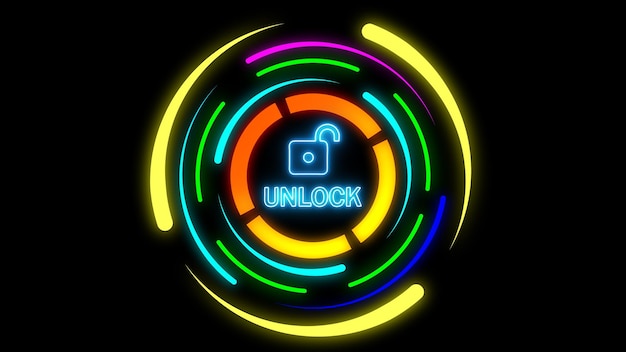 Foto icono de cerradura circular brillante de neón y la palabra unlock en el fondo negro del centro