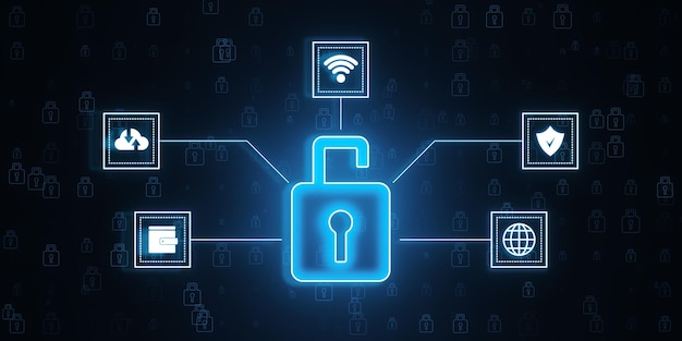 Icono de cerradura digital con símbolos de ciberseguridad en fondo oscuro Renderización 3D