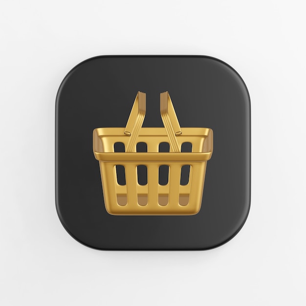 Icono de la cesta de la compra de oro del supermercado. Representación 3D del botón de tecla cuadrado negro, elemento de interfaz de usuario ux de interfaz.