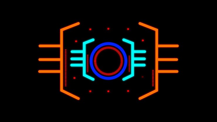Foto icono de chip de procesador futurista de neón sobre un fondo oscuro con elementos azules y rojos brillantes